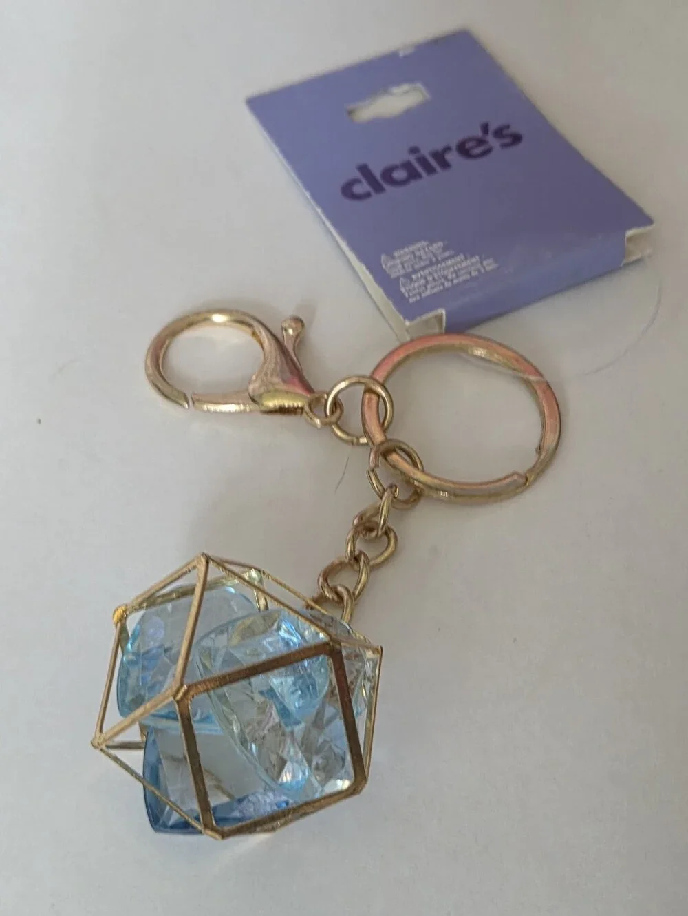 Claire's Gold Keychain with Blue Crystal Cube